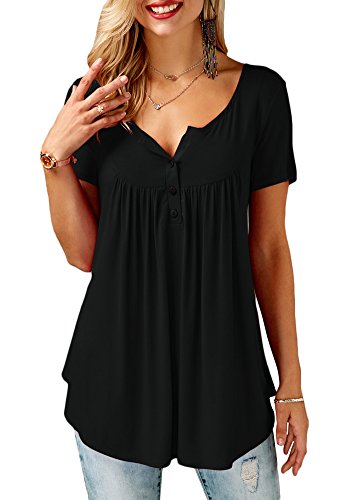 For G and PL Women's Summer Button Short Sleeve Flare Blouse Soft V Neck Basic T Shirt Pleated Loose Casual Tunic Top Black L