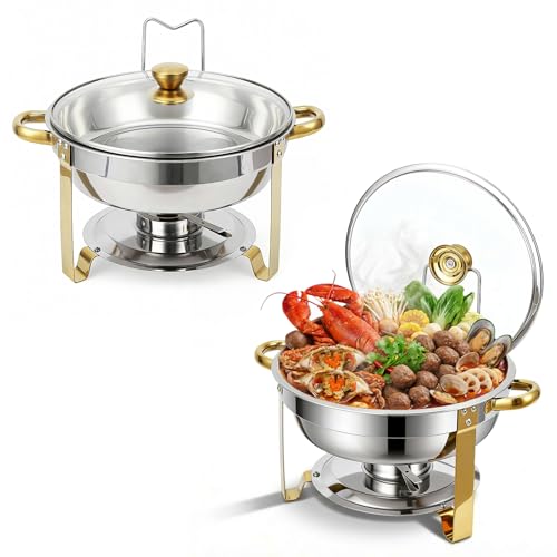 food Warmer Server, Chafing Dish Buffet Set, Round Catering Warmer Server Stainless Steel with Glass Lid, Water Pan, Lid Stand, Fuel Holder Cover (2pcs)