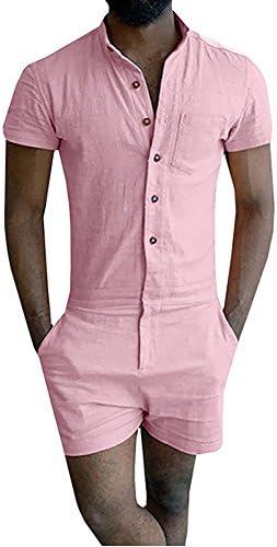 Boyfriend Shorts Mens Short Sleeve Jumpsuit Casual Short Cargo Pants Rompers Slim Fit Party Overalls (Large, Pink)