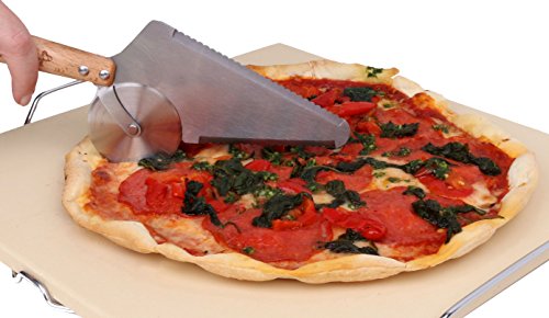 EurKitchen Deluxe Stainless Steel Pizza Cutter and Server, Slice and Serve Pizza, Pie, Cake and More, Wooden Handled Serrated Spatula with Built-in Wheel Cuts and Serves with One Convenient Tool