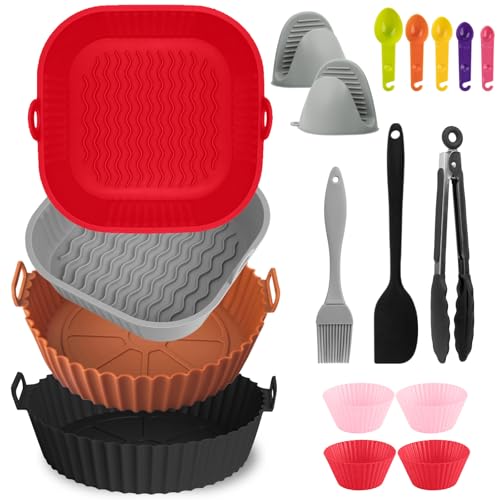 GALASALA Silicona para Freidora de Aire, 14Pcs Moldes para Freidora de Aire, que Incluye 4Pcs Air Fryer Silicon y Guantes, Pinzas, Brocha de Aceite, Accesorios Air Fryer Reutilizable Antiadherente