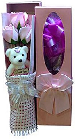 Romantic Rose Bouquet 3 Scented Soap Roses Gift Box With Cute Teddy Bear Mother’s Day Valentine’s (PINK)