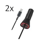 TWO (2) of Apple iPhone 7 7 Plus 6 6S 6+ 6S+ SE 5 5S New Lightning Rapid Dual Port Car Charger - 6 Foot Coiled Cord 5v / 2.1 Amp MFI Certified - Red LED