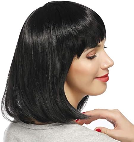 Kibiy 12" Short Bob Wigs with Flat Bangs Hair Cosplay Synthetic Full Straight Hair Daily Party Wig for Women Natural As Real Hair & Free Wig Cap Black