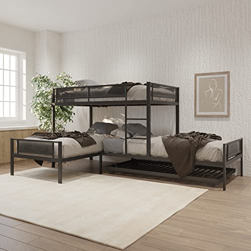 Livavege L-Shape Triple Bunk Bed with Trundle for Kids/Teens