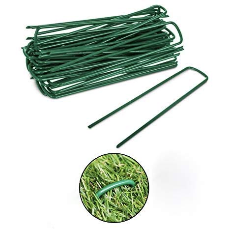 ADEPTNA Heavy Duty Green U-Shaped Garden Pins Securing Galvanised Metal Pegs For Artificial Grass Weed Fabric Landscape Netting Ground Sheets Fleece 15cm Powder Coated (PACK OF 50)