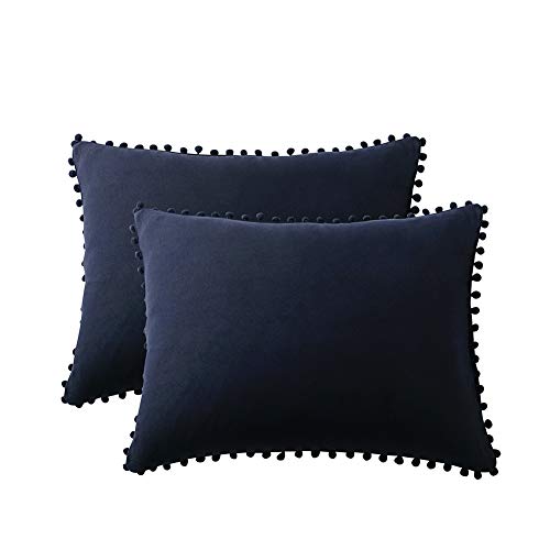 MoonxHome Pom Pom Fringe Pillowcases, Double Brushed Microfiber Pillow sham Pillow Cover Set King Size Navy