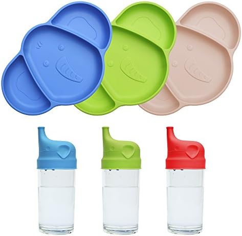 ⭐️Silicone Suction Plates for Toddlers – with Baby Silicone Sippy Cup Lids – Feeding Divided Placemat – Unbreakable Microwave Dishwasher Safe – Reusable Kids Bowls – [New Elephant 2018 Design] (Green)