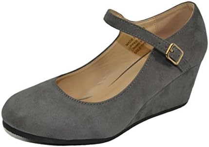 HapHop Women's Mary Jane Mid Heel Almond Toe Wedge Pump Shoes, Grey, 8.5 M US