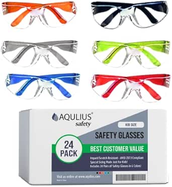 24 Pack of Kids Safety Glasses (24 Protective Goggles in 6 Different Colors) Crystal Clear Eye Protection - Specially Designed to Fit Children, Perfect for Nerf Parties