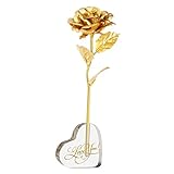Pixnor 24K Gold Foil Artificial Rose Flower with Acrylic Heart Shaped Stand for Valentines Day Mothers Day Birthday Anniversary Gift