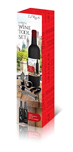 LE REGALO HW1229 6PC Tool Set Includes Stopper, Pourer, DRIP Ring, FOIL Cutter and Corkscrew Opener in Wine Bottle Shape Storage, Moderate, Black
