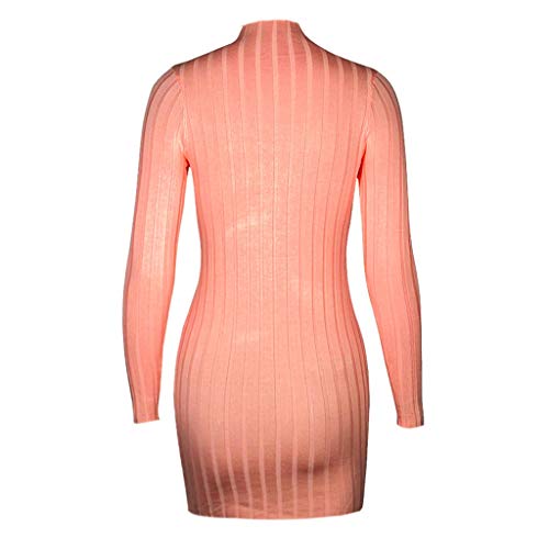 Aunimeifly Women's Bag Hip Slim Solid Color Striped Dress Autumn Winter Stylish High Neck Body-con Mini Dresses Pink