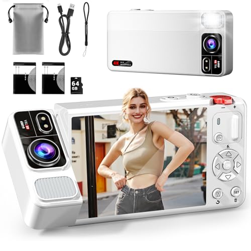 ZEOUPT Digital Camera, 4K 64MP Cameras for Photography, 270°Flip Screen Vlogging Camera, Autofocus, Flash, 18X Zoom, 2 Batteries, 64GB Card, Point and Shoot Digital Cameras for Kids Teens, White