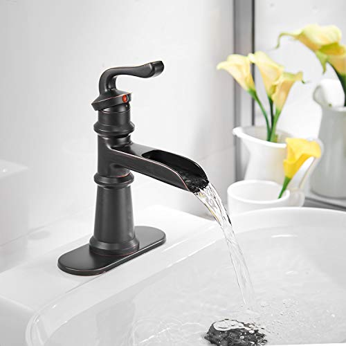 BWE-Bathroom-Faucet-Oil-Rubbed-Bronze-Single-Handle-Single-Hole-Waterfall-Bathroom-Sink-Faucet-with-Drain-Assembly-with-Overflow-and-Supply-Line-Lavatory-Faucets-Mixer-Tap-Deck-Mount-Lead-Free BWE Bathroom Faucet Oil Rubbed Bronze Single Handle Single Hole Waterfall Bathroom Sink Faucet with Drain Assembly with…