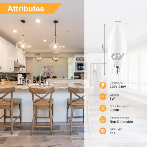 GY E14 LED Bulb Warm White 8W 3000K 880 Lumens, E14 LED C37 Candle Bulbs with Fine Thread, Not Dimmable – Class C Low Consumption, 12 Pieces