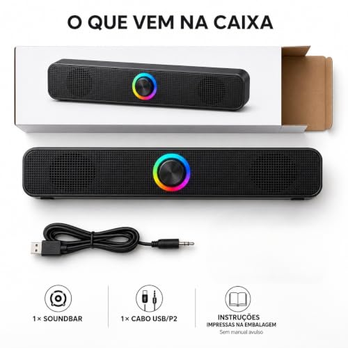 Caixa de Som Soundbar para Computador Notebook e TV com LED RGB, Conexão USB e P2 3,5mm, Bluetooth, Estéreo 6W, Drivers de Alumínio, Plug and Play