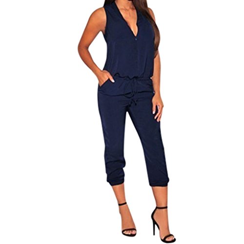 Click Here to See More Images Leewos Women Casual Jumpsuits,Summer Sexy V Neck Sleeveless Rompers Loose Waist Bandage Playsuits With Pockets (3XL, Blue)