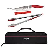 4 Piece Myron Mixon Pitmaster BBQ Kit - 3 in 1 tool, 15 inch BBQ Tongs, Edge guard and Carry bag
