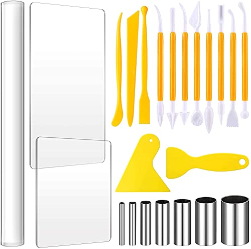 KASTWAVE 23 Pieces Clay DIY Tool Set, Acrylic Clay Roller, Acrylic Sheet, Plastic Scraper Backing Board, Stainless Steel Round Circle Shape Cutter, Plastic Polymer Clay Shaping Tool for DIY Craft