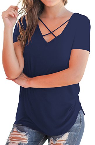 Niashot Women's Plus Size Tunic Tops Short Sleeve Tunic Shirt Blouse Navy Blue L