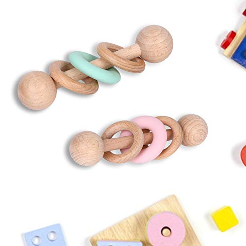 Wooden Baby Toys Wooden Rattle Toys, Baby Starter Toys Baby Grasping Bells Teething Toys, Baby Crawling Toys , Newborn Toys Gifts (Green)