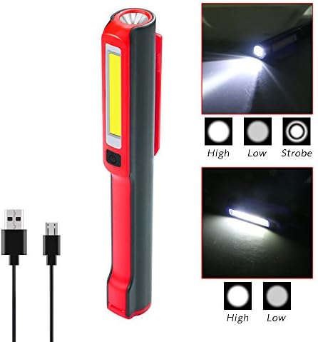 USB Rechargeable Work Light, Portable COB Work Inspection Lights+LED Flashlight with Magnetic Base & 120° Rotating Clip, Multi Dimming Modes, for Car Truck Repair,Home Using, Emergency (red)