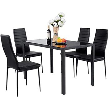 Giantex 5 Piece Kitchen Dining Table Set with Glass Table Top Leather Padded 4 Chairs and Metal Frame Table for Breakfast Dining Room Kitchen Furniture, Black