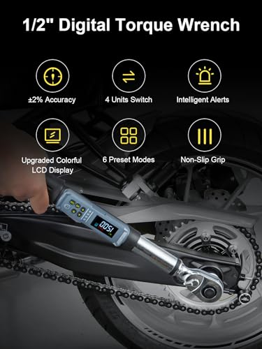 GROWNEER Digital Torque Wrench, 7.38-147.5 Ft-lbs/10-200 nm, 1/2'' Drive Inch Pound Rachet with Buzzer & Colorful LED Indicator, Electronic Torque Wrench Set for Bike Motor Car Auto Repair