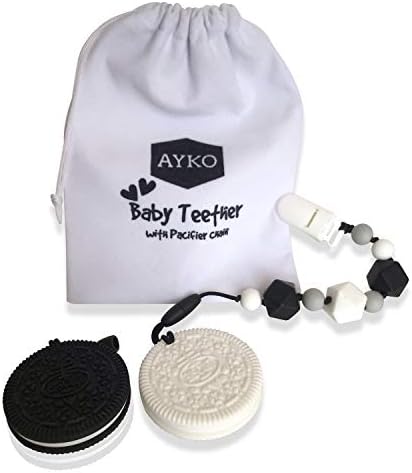 Ayko Baby Teether Pacifier Clip, 2pcs - Pain Relief Silicone Cookie Teether Toy Newborn Boys Girls – Unique Toddler Trendy Food Grade BPA Free Chew Toy Black & White