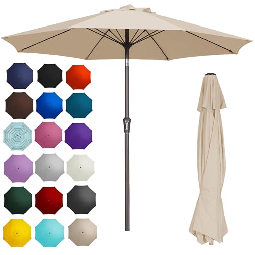 PatioKingdom 9FT Patio Umbrella with Push Button Tilt and Crank Outdoor Market Umbrella with 8 Sturdy Fiberglass Ribs and UV Protection