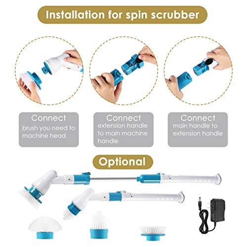 Spin Scrubber, 360 Cordless Tub and Tile Scrubber, Multi-Purpose Power Surface Cleaner with 3 Replaceable Cleaning Scrubber Brush Heads, 1 Extension Arm and Adapter