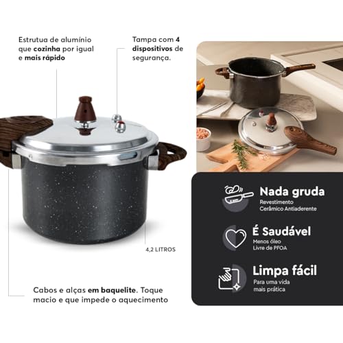 Brinox - Panela de Pressão Ceramic Life com Fundo de Indução 4,2L - Granito