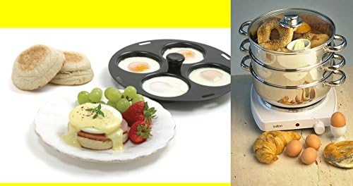 Unique All-in-1, 4 Person, 10 minute Brunch Maker, New York Style Eggs Benedict, Bread Warmer Rejuvanator, Multi Cooker, Stainless Steel BallPark Hotdog & 10" VEGETABLE STEAMER