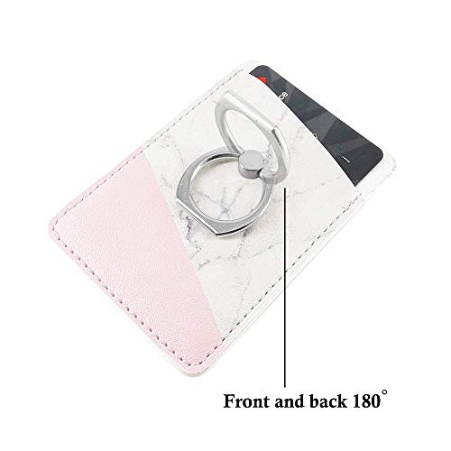 Obbii 2 Pack PU Leather Card Holder with Finger Ring for Back of Phone with 3M Adhesive Stick-on Credit Card Wallet Pockets for iPhone and Android Smartphones (Pink & Tiffany Marble) - Thumbnail 4