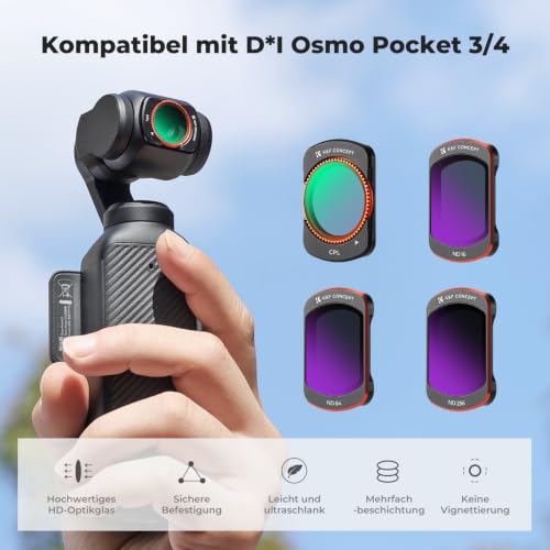 K&F CONCEPT FD161 Magnetic ND Filter Set, Compatible with DJI Osmo Pocket 3/4, Pack of 4, CPL Filter, ND16, ND64, ND512 Filter, Osmo Pocket 3 Accessories, Osmo Pocket 4 Accessories (Aluminium Frame)