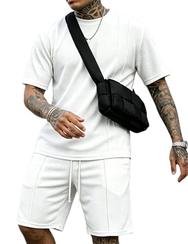 Babioboa Mens Short Sets 2 Piece Outfits Waffle Short Sleeve Shirts and Shorts Set Athletic Sweatsuits(White,XX-Large) at Amazon