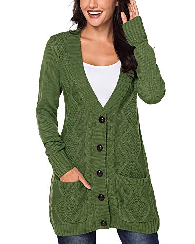 Women's Green Long Sleeve V Neck Button Down Casual Sweater Cardigans with Pockets - Size (US 4-6) S