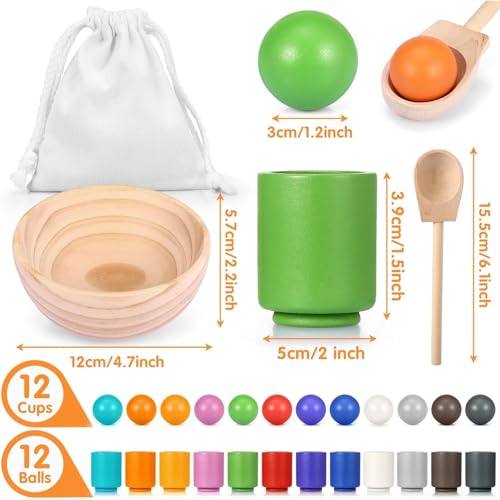 AM ANNA Rainbow Balls in Cups Toddler Montessori Toys for 1 Year Old Up, Kids Preschool Wooden Sorting Toys, Color Matching Games for Learning Sorting and Counting (12 Colors)