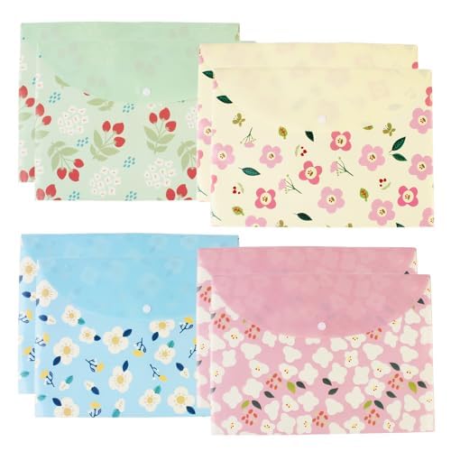 8 Pack A4 Plastic Wallets Folder with Snap Button, Floral Document Folder Waterproof PVC Envelope Folder A4 Plastic Folders for School Home Work Office Organization (Floral)