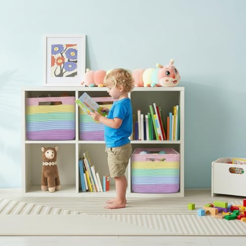 Beauenty Woven Storage Baskets,3 Pack Collapsible Rainbow Woven Storage Bins for Shelves,Soft Boho Organizer Baskets for Kids Room,Nursery,Playroom,Classroom