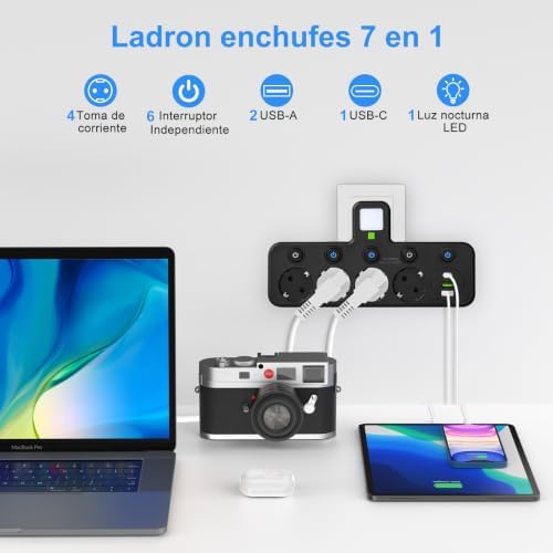 Soquetes Thief 8 em 1 com interruptor independente, luz noturna, ficha Thief flat USB C, múltiplas tomadas 2500W com 4 tomadas AC, fita de parede para escritório, cozinha, preta — foto 2 de 6