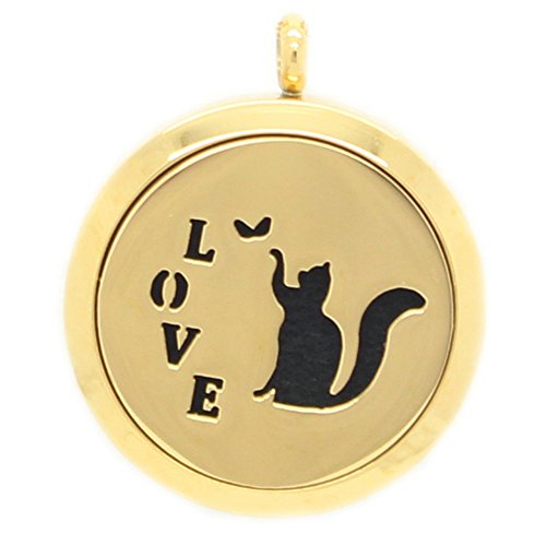 Jenia Round Aromatherapy Essential Oil Diffuser Locket Pendant Gold Necklace with 24"Chain + 8 Felt Pad