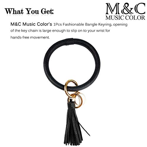 Leather Bracelet Key Ring Bangle Keyring, Tassel Ring Circle Key Ring Keychain Wristlet for Women Girls - Free Your Hands (Black)