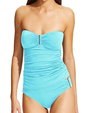 2 Piece Tankini Set - 4 Way Stretch Bandeau Solid Bar Convertible Top & Side Logo Hardware Ruched Bottom XS