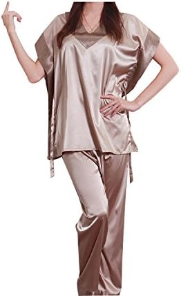 Varubaba Soft Women Pajamas Summer NEW Brand Ladies Satin Pijama Short Sleeve Silk Pajamas Sets Pyjamas Women 10167 Tan L