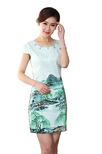 JINFU Women's Slim Fit Cheongsam One-piece Ivory White Landscape Chinese Dress