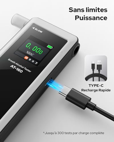 LAFMATE AT-160 Alcohol Tester, High Precision Alcohol Tester with Adjustable Alarm Threshold, LCD Display, Test Memory, Comes with 10 Tips - Perfect for Home Use