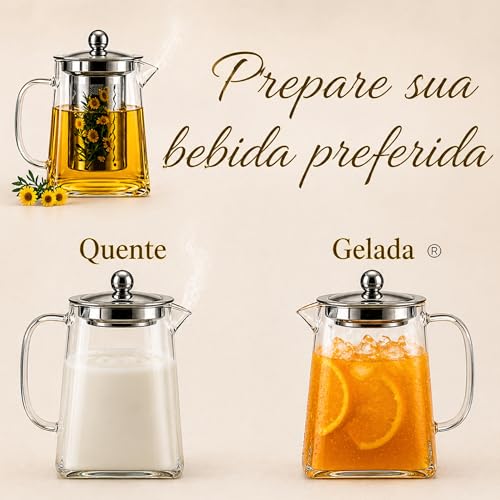 Chaleira de Vidro Borossilicato com Infusor Removível e Tampa em Aço Inox – Bule de Chá 2 em 1, Jarra de Vidro com tampa, para Chá e Infusões, Bebidas Quentes e Frias - Presente Sofisticado (950ml)