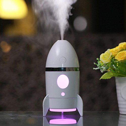 Rocket Shape Cool Mist Humidifier with Colorful Night Light, Kingfansion USB Powered Air Purification Aromatherapy Essential Oil Diffuser for Car Office Bedroom (White) - Thumbnail 4